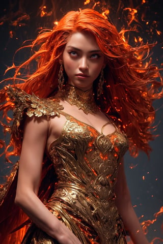 This (realistic fantasy) art contains embers, real flames, real heat, and realistic fire. Generate a masterpiece artwork of a petite female fire druid with large (((orange and gold))) eyes. The fire druid is awe-inspiring with beautiful ((realistic fiery eyes)) alight with confidence and power. Her features are elegant and well defined, with ((soft)) and (((puffy))) and (((smooth))) lips, elven bone structure, and realistic shading. Her eyes are important and should be the focal point of this artwork, with ((extremely realistic details, macro details, and shimmer.)) She is wearing a billowing and glittering gown ((made of realistic flames)) and jewels that glimmer in the fire light. Wisps of fire and smoke line the intricate bodice of the dress. Include bumps, stones, fiery iridescence, glowing embers, silk and satin and leather, an interesting background, and heavy fantasy elements. Camera: Utilize dynamic composition techniques to enhance the realistic flames.,r1ge,3DMM,(FlamePrincess)