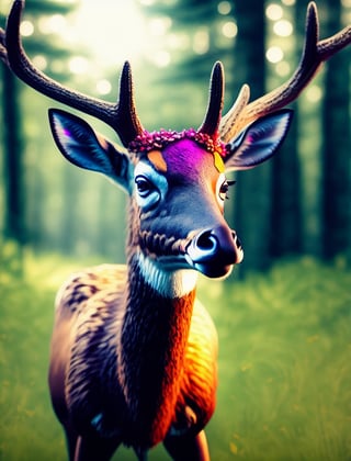 a close up of a deer with glowing antlers in a forest, 3d digital art 4k, digital art animal photo, digital artwork 4 k, holographic creatures, 4k highly detailed digital art, 8k high quality detailed art, 4k detailed digital art, 8 k ultra realistic animal, digital art 4k, digital art 4 k, detailed digital 3d art