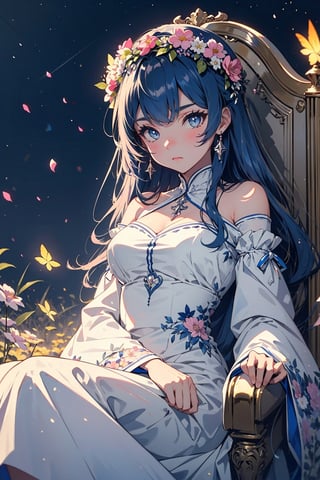 1girl, solo, blue eyes, dress, long hair, flower, looking at viewer, petals, wide sleeves, blue hair, sitting, head wreath, bangs, bare shoulders, pink flower, closed mouth, v-shaped eyebrows, detached sleeves, long sleeves, white dress, blurry, dutch angle, throne, breasts,firefliesfireflies,night sky,intricate printing pattern ,3d animation