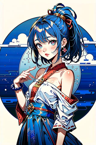 (watercolor_medium), ((ukiyoe style)), ((((masterpiece)))), (((best quality))), (illustration),(1girl:1.5),(solo:1.5), ((an extremely delicate and beautiful)), ((little girl)) , cute, ((hime_cut)), side blunt bangs,(ultramarine hair:1.2), hairs between eyes, ribbons, Bracelet , bare shoulders,((japanese_clothes)), sakura, ((slit pupils)), ((miko)), (off_shoulder), ace,intricate printing pattern ,3d animation