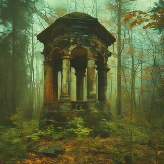 Forest still stands, a decaying monument to forgotten joy. vivid decadent vintage,decaying monument