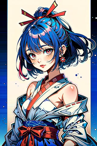 (watercolor_medium), ((ukiyoe style)), ((((masterpiece)))), (((best quality))), (illustration),(1girl:1.5),(solo:1.5), ((an extremely delicate and beautiful)), ((little girl)) , cute, ((hime_cut)), side blunt bangs,(ultramarine hair:1.2), hairs between eyes, ribbons, Bracelet , bare shoulders,((japanese_clothes)), sakura, ((slit pupils)), ((miko)), (off_shoulder), ace,intricate printing pattern ,3d animation