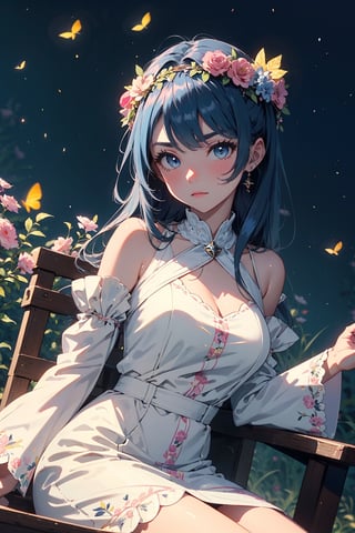 1girl, solo, blue eyes, dress, long hair, flower, looking at viewer, petals, wide sleeves, blue hair, sitting, head wreath, bangs, bare shoulders, pink flower, closed mouth, v-shaped eyebrows, detached sleeves, long sleeves, white dress, blurry, dutch angle, throne, breasts,firefliesfireflies,night sky,intricate printing pattern ,3d animation