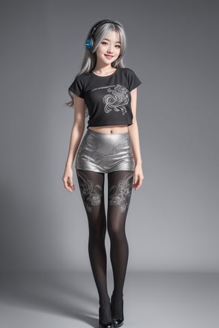 warm light room Beautiful woman with silver long hair against a grey background.over-the-ear headphones Smile,black tights top,Girl,full_body,vonnyfelicia,intricate printing pattern ,3d animation