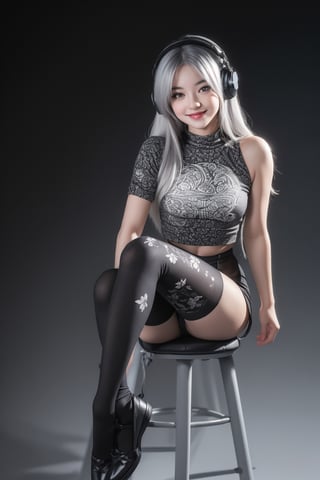 warm light room Beautiful woman with silver long hair against a grey background.over-the-ear headphones Smile,black tights top,Girl,full_body,vonnyfelicia,intricate printing pattern ,3d animation