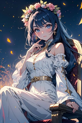 1girl, solo, blue eyes, dress, long hair, flower, looking at viewer, petals, wide sleeves, blue hair, sitting, head wreath, bangs, bare shoulders, pink flower, closed mouth, v-shaped eyebrows, detached sleeves, long sleeves, white dress, blurry, dutch angle, throne, breasts,firefliesfireflies,night sky,intricate printing pattern ,3d animation