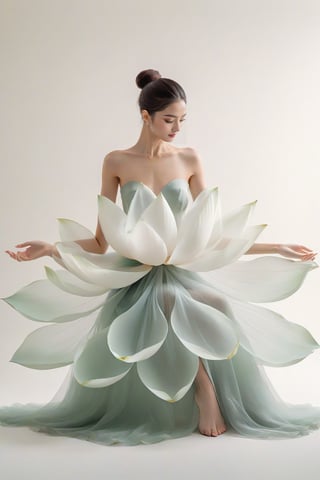 full body, Light jade tone,simple white background, lighting effect, minimalist, elegant, pure gentle, soft light, photorealistic. a women (collarbone, shoulders) sitting pose, The hyper-giant lotus with huge and long petals (petal made of a thin and soft tulle fabric, flowy petals fully background, floating petals, hyper-flying petals, smoke effect mix with petal), lotus dress.,Lotus Dress