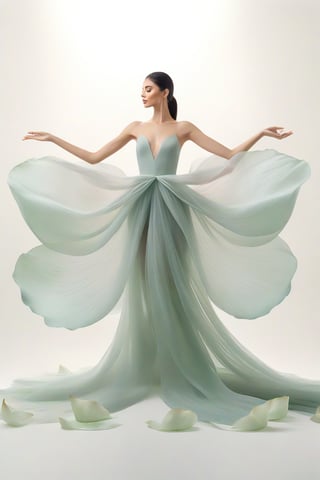 full body, Light jade tone,simple white background, lighting effect, minimalist, elegant, pure gentle, soft light, photorealistic. a women (collarbone, shoulders) dynamic pose, The hyper-giant lotus with huge and long petals (petal made of a thin and soft tulle fabric, flowy petals fully background, floating petals, hyper-flying petals, smoke effect mix with petal), lotus dress.,Lotus Dress