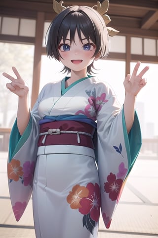 laugh as crazy  ,look at viewer,wear kimono  ,intricate printing pattern ,3d animation