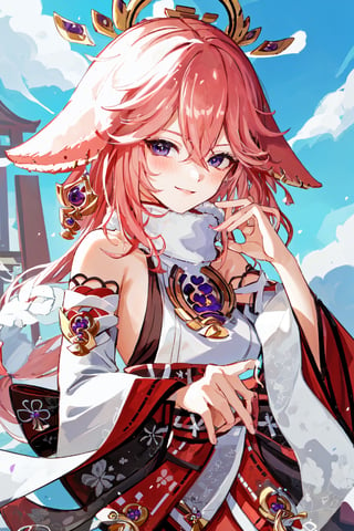 ((white and red full lenght fur coat, fur trim)), yaemikodef, upper body, smile, blush, outdoors, day, simple background, blue sky, short hair, sky, temple, looking at viewer, stairs, mountain, moody lighting, facing viewer,intricate printing pattern ,3d animation