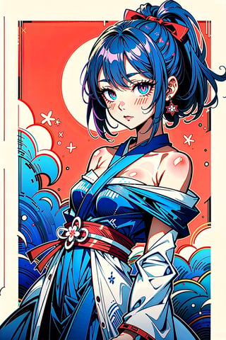 (watercolor_medium), ((ukiyoe style)), ((((masterpiece)))), (((best quality))), (illustration),(1girl:1.5),(solo:1.5), ((an extremely delicate and beautiful)), ((little girl)) , cute, ((hime_cut)), side blunt bangs,(ultramarine hair:1.2), hairs between eyes, ribbons, Bracelet , bare shoulders,((japanese_clothes)), sakura, ((slit pupils)), ((miko)), (off_shoulder), ace,intricate printing pattern ,3d animation