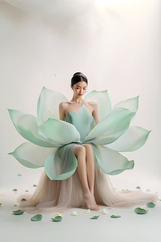 full body, Light jade tone,simple white background, lighting effect, minimalist, elegant, pure gentle, soft light, photorealistic. a women (collarbone, shoulders) sitting pose, The hyper-giant lotus with huge and long petals (petal made of a thin and soft tulle fabric, flowy petals fully background, floating petals, hyper-flying petals, smoke effect mix with petal), lotus dress.,Lotus Dress