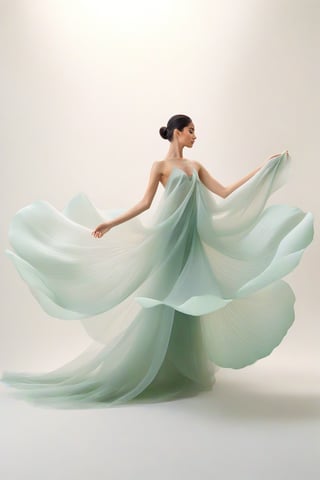 full body, Light jade tone,simple white background, lighting effect, minimalist, elegant, pure gentle, soft light, photorealistic. a women (collarbone, shoulders) dynamic pose, The hyper-giant lotus with huge and long petals (petal made of a thin and soft tulle fabric, flowy petals fully background, floating petals, hyper-flying petals, smoke effect mix with petal), lotus dress.,Lotus Dress