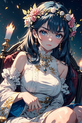 1girl, solo, blue eyes, dress, long hair, flower, looking at viewer, petals, wide sleeves, blue hair, sitting, head wreath, bangs, bare shoulders, pink flower, closed mouth, v-shaped eyebrows, detached sleeves, long sleeves, white dress, blurry, dutch angle, throne, breasts,firefliesfireflies,night sky,intricate printing pattern ,3d animation