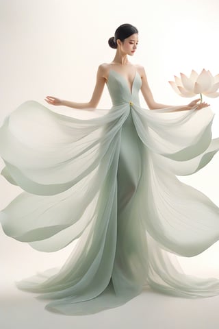 full body, Light jade tone,simple white background, lighting effect, minimalist, elegant, pure gentle, soft light, photorealistic. a women (collarbone, shoulders) dynamic pose, The hyper-giant lotus with huge and long petals (petal made of a thin and soft tulle fabric, flowy petals fully background, floating petals, hyper-flying petals, smoke effect mix with petal), lotus dress.,Lotus Dress