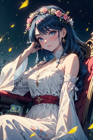 1girl, solo, blue eyes, dress, long hair, flower, looking at viewer, petals, wide sleeves, blue hair, sitting, head wreath, bangs, bare shoulders, pink flower, closed mouth, v-shaped eyebrows, detached sleeves, long sleeves, white dress, blurry, dutch angle, throne, breasts,firefliesfireflies,night sky,intricate printing pattern ,3d animation