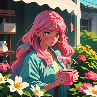 (best quality, masterpiece), 1girl, Long hair, Potrait, face detail, pink hair, shilly girl, vintage, watering the flowers, coffe shop