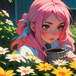 (best quality, masterpiece), 1girl, Long hair, Potrait, face detail, pink hair, shilly girl, vintage, watering the flowers, bucket shop