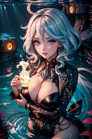 A majestic girl, solo, swims through the inky darkness of the deep ocean, illuminated by a warm glow emanating from above. The soft light casts an otherworldly ambiance, highlighting the undulating curves of its sleek body as it glides effortlessly through the water.
\furina from Genshin Impact\,furina