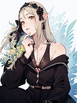 ultra-detailed,(best quality),((masterpiece)),(highres),original,extremely detailed 8K wallpaper,(an extremely delicate and beautiful),anime,1 girl,long_ears,elven_ears,elven_woman,large_breast,big_tits,overboob,cleavage,background=garden()forest<future,