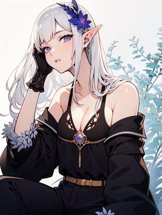 ultra-detailed,(best quality),((masterpiece)),(highres),original,extremely detailed 8K wallpaper,(an extremely delicate and beautiful),anime,1 girl,long_ears,elven_ears,elven_woman,large_breast,big_tits,overboob,cleavage,background=garden()forest<future,thinn_straps,slutty_looking,long_hair_color==black=1 gradient=violet=0.4,