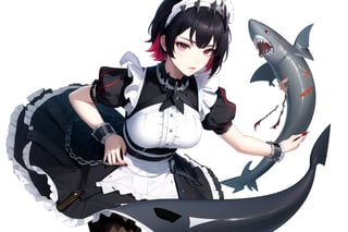 ultra-detailed, (best quality), ((masterpiece)), (highres), original, extremely_detailed, (an extremely delicate and beautiful), perfectly_drawn, high_resolution, ultra_detailed, perfect and symmetrical, intricate, perfect poses, cool, awesome, perfect_body, ((dynamic high angle shot)),
||
1girl, solo, shark girl, shark, breasts, looking at viewer, short hair, bangs, large breasts, simple background, black hair, hair ornament, red eyes, white background, dress, tail, short sleeves, pantyhose, red hair, multicolored hair, cowboy shot, frills, parted lips, puffy sleeves, nail polish, black dress, two-tone hair, puffy short sleeves, wrist cuffs, torn clothes, black pantyhose, maid, maid headdress, x hair ornament, shark tail, red nails, argyle
SHIRT, edgAntlers,Tomboy