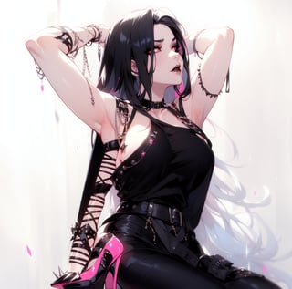 (masterpiece, top quality, best, official art, beautiful and aesthetic:1.2), looking_at_viewer, Goth Girlfriend, ((topless)), wearing ((micro pencil skirt)), (pantieless, pantie_less), cherry red eyes, biting the lower lip of the mouth, stunning mature woman with big breasts, long pink hair, black long hair with pink highlights, mature content, nightmare, horror, scoundrel, black tie, chains, vile, black lips, black lipstick, glowing eyes, rain, ash, tar, needles, in hair, prismatic makeup, thick spikes collar, psychotic, hands flairing, scream, Style, sitting on knees, exposed hips, toned arms,edgHL, sexy, skimpy_outfit,