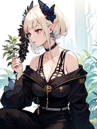 ultra-detailed,(best quality),((masterpiece)),(highres),original,extremely detailed 8K wallpaper,(an extremely delicate and beautiful),anime,1 girl,long_ears,elven_ears,elven_woman,large_breast,big_tits,overboob,cleavage,background=garden()forest<future,