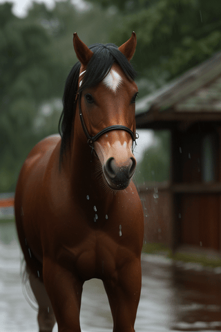 a pretty tan horse, in the rain, ((blurred)) over the water, 8k, uhd, dslr, photo realistic, award-winning, telephoto lens