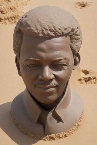 (masterpiece, best quality, high resolution: 1.4), (Imagine a beach of very fine sand and on it the bust of Nelson Mandela has been built with that same sand), (The body and head are made entirely of sand), the figure of Nelson Mandela from the waist up is made entirely of beach sand, (Close-up: 1.8)