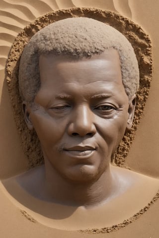 (masterpiece, best quality, high resolution: 1.4), (Imagine a beach of very fine sand and on it the bust of Nelson Mandela has been built with that same sand), (The body and head are made entirely of sand), the figure of Nelson Mandela from the waist up is made entirely of beach sand, (Close-up: 1.8)