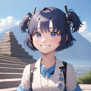 YUUKA,upper body, smile, blush, outdoors, day, simple background, blue sky, short hair, sky, temple, looking at viewer, stairs, mountain, moody lighting, facing viewer,