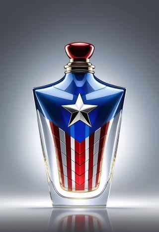 Create an image of a perfume bottle that pays homage to Captain America's role as a leader of the Avengers, with a subtle yet unmistakable logo, reflecting unity and strength.