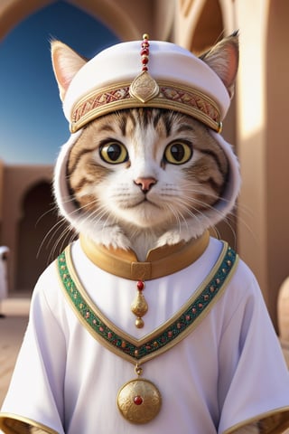 a cute cat is an arab with his traditional dress , wearing uniform, cap, detailed fur, 8k resolution, masterpiece, very realistic, 8k resolution, masterpiece, very realistic, detailed background, depth of field, ,3d style