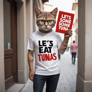 Cat with a Klaus Schwab motive shirt  and holding a sign "Let's eat Some Tunas"