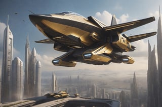  high detail, high tech armor Black and Gold colour, Science Fiction, Futuristic fighter ship Landed on Platform high up in a futuristic city,  Futuristic fighter ship, yofukashi background