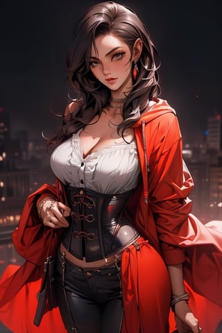 ((Masterpiece, best quality)),edgQuality, edgCorset,hoodie, a woman, wearing a hoodie with a corset, red hoodie 