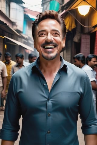 tony stark laughing in indian street cinematic lighting photorealistic shot in nikon mark d500 camera
