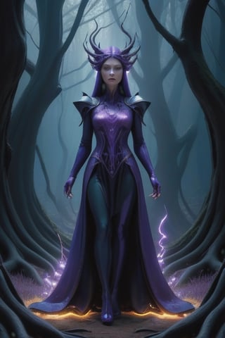 A mysterious witch cloaked in purple chaos energy, standing in a dark forest of barren trees, glowing with a powerful energy. realistic, stunning realistic photograph, 3d render, octane render, intricately detailed, cinematic, trending on artstation, Isometric, Centered hipereallistic cover photo, awesome full color, hand drawn, dark, gritty, mucha, klimt, erte 12k, high definition, cinematic, neoprene, behance contest winner, portrait featured on unsplash, stylized digital art, smooth, ultra high definition, 8k, unreal engine 5, ultra sharp focus, intricate artwork masterpiece, ominous, epic, TanvirTamim, trending on artstation, by artgerm, h. r. giger and beksinski, highly detailed, vibrant