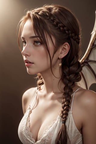 ((8k, masterpiece, best quality)), 1girl, (Lea Nicoletta), beautiful realistic face, (braided hair:1.5), (brown hair:1.5), looking at viewer, (white scaly body), halo, wings, fallen angel, , sexy, loose waves, red eyes, (dragon), plunging neckline, (((ultra-detailed))), (cowboy_shot:1.2), gothic background, cinematic lightning