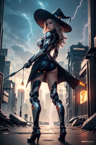 (Masterpiece, top quality, best quality:1.5), official art, beautiful and aesthetic:1.2), ultra realistic, vibrant color, centered, focused shot, Instagram able, selfie, white and orange theme, (full body shot:1.5), (from below:1.2), side view, dominating, biochemical cybernetic 1young witch, Lea Nicoletta, highly detailed face, steampunk clockwork witch hat, cybernetic style witch dress, stray hair, (lightning aura:1.2), dynamic pose, (fractal art:1.5, zentangle:1.1), (epic composition, epic proportion), professional work, extremely detailed, high quality, 16K, highres, ultra details, finely detail, an extremely delicate and beautiful, extremely detailed, real shadow, mechanical parts, robot joints, headgear, full armor, (show boobs:1.1), mechanical parts, robot joints, headgear, full armor, mecha musume, (futuristic city backgroung:1.5)