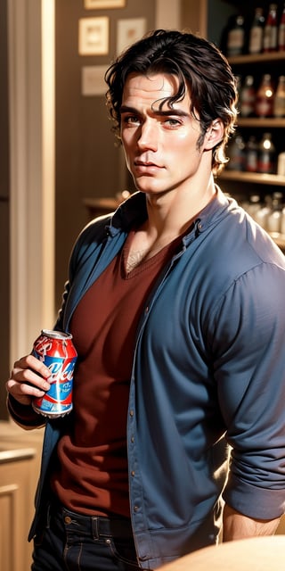 (Hombre, atractivo y masculino. Rostro de Henry CaviLl, cabello negro largo atado en una cola , rostro masculino, rostro afeitado.) 