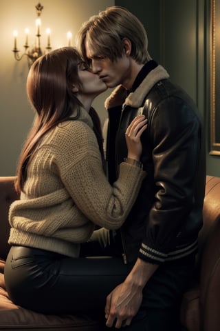 (Re4Leon tall and strong men) (High image quality, high resolution, high quality image, intricate details on hands, body proportion and face) (sweet expression)(RE4Leon kisses with a redhair woman long hair) (Couple kissing sitting on a brown furniture couch, background of an abandoned apartment.) (Passionate) (passionate kisses Under low lighting ) (woman custome sweater green and Black pants) (Men Custom brown jacket hunter, black pants) (Dominant attitude of the man) (submissive attitude of the woman towards the kiss)