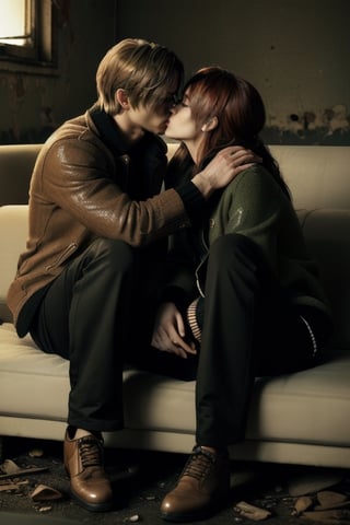 (Re4Leon tall and strong men sit) (High image quality, high resolution, high quality image, intricate details on hands, body proportion and face) (sweet expression)(RE4Leon kisses with a redhair woman long hair) (Couple kissing sitting Together on a brown furniture couch, (Passionate) (passionate kisses Under low lighting ) (woman custome sweater green and Black pants) (Men Custom brown jacket hunter, black pants) (Dominant attitude of the man) (submissive attitude of the woman towards the kiss) (closeup) (background of an abandoned apartment.Abandoned apartment)