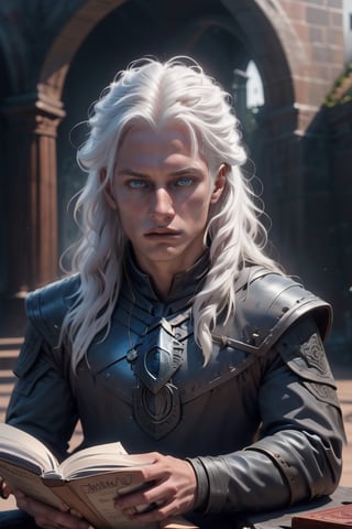 (Estudiante de magia Howards Witcher, muchacho hermoso albino de cabello plateado. Referencia de rostro, cabello y cuerpo de angel, rostro de angeles en época renacentista)

Muchacho muy atractivo de rostro andrógeno, fenotipo angelical, de piel blanca y azules. Cabello plateado, cabello corto.

Uniforme completo negro, celtic features. Libro y varita mágica en la mano. (Leyendo libro)
Castillo Howards, Rostro Afeitado,