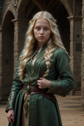Medieval (14 year old blonde teenager) youthful face and body) beautiful girl with very long blonde hair, emerald green eyes (emerald green eyes).
Travel clothing and Celtic coat.

Innocent face expression, (medieval image, medieval Celtic theme)