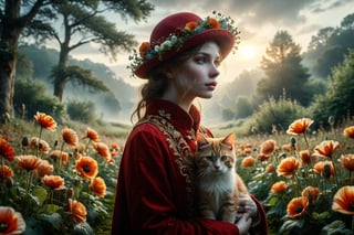 Against a serene backdrop of misty blue-gray hues, a statuesque figure clad in a striking red coat with intricate gold trim, stands out like a poppy against a verdant meadow. A matching elaborate red hat adorned with delicate white flowers and lush greenery crowns their head, as they tenderly cradle an orange and white cat with piercing blue eyes. Soft, diffuse lighting casts a warm glow on the scene, making the rich tones of the coat and hat pop against the calming atmosphere. The composition is framed by a gentle curve of trees in the distance, subtly hinting at the serenity of the setting. As the subject's gaze softly focuses on their feline companion, the air is filled with an aura of elegance and companionship.