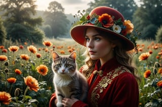Against a serene backdrop of misty blue-gray hues, a statuesque figure clad in a striking red coat with intricate gold trim, stands out like a poppy against a verdant meadow. A matching elaborate red hat adorned with delicate white flowers and lush greenery crowns their head, as they tenderly cradle an orange and white cat with piercing blue eyes. Soft, diffuse lighting casts a warm glow on the scene, making the rich tones of the coat and hat pop against the calming atmosphere. The composition is framed by a gentle curve of trees in the distance, subtly hinting at the serenity of the setting. As the subject's gaze softly focuses on their feline companion, the air is filled with an aura of elegance and companionship. With the flag of Portugal 