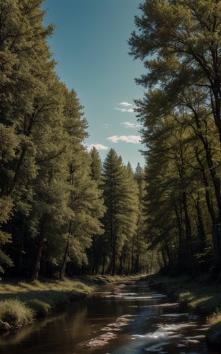 Bosque con pradera, granas con ciervo, ciervos pastando, aves volando, medieval land
