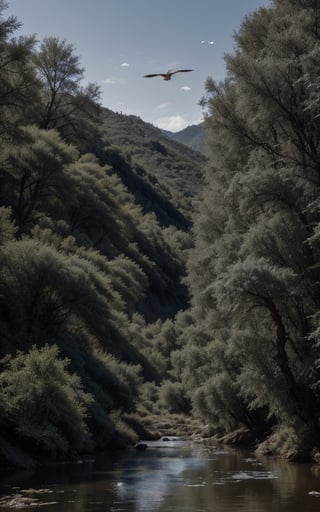 Bosque gris, río caudaloso, grama, ciervo, ciervos pastando, aves volando, medieval land
